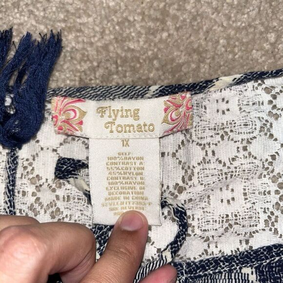 Flying Tomato (1X) Blue/White Boho Peasant Tassels Bell Sleeve Lace Popover - Picture 13 of 16